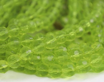Lime Green Faceted Crystal Glass Round Beads, Green Glass Beads, 6mm or 8mm Beads - 16" Strand