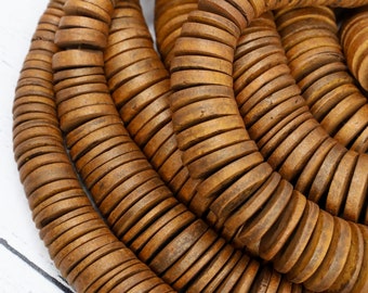 Sattelbraun Kokosnussperlenstrang - Natürliche flache runde Kokosnussperlen - Kokosnussperlenstrang - 18 ”Strang