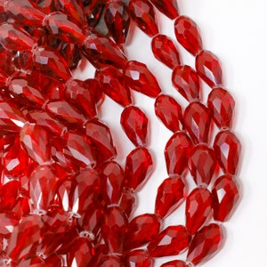 24 Deep Red Crystal Glass Faceted Beads, Red Teardrop Beads, Christmas Red Crystal Glass Beads