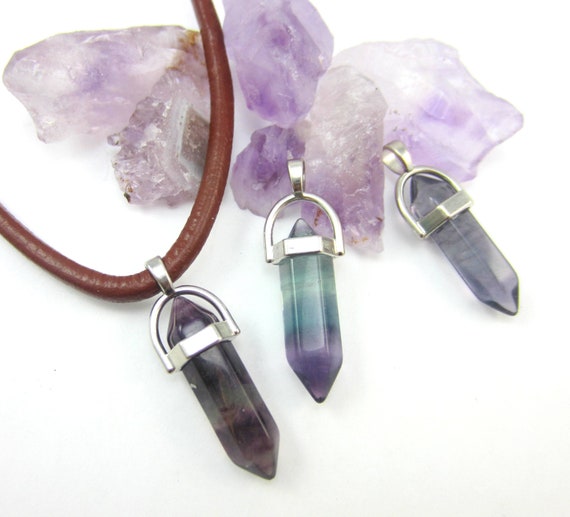 Fluorite Bullet Crystal Pendant, Purple Gemstone Point with Silver Cap, Chakra Healing Stone Jewelry, Qty: 1
