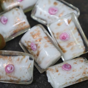 Rose Lamp work Focal Beads, Handmade Glass Rectangular Beads, Rose Gold Foil Beads, Oversized Glass Beads Qty 2