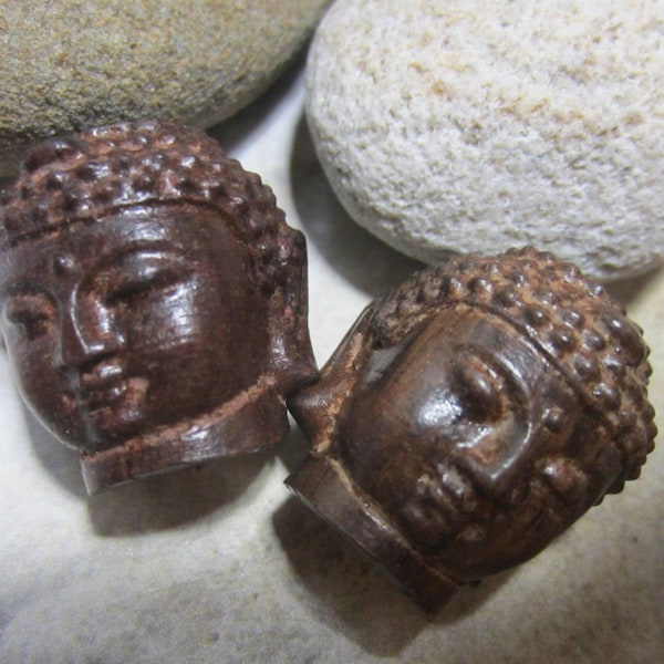 Carved Buddha heads (2) beads 25mm x 20mm wood carved Buddha yoga beads