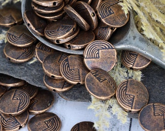 Patterned Round Red Copper Disc Beads, Copper Metal Spacer Beads, Qty 24