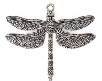Antique Silver Dragonfly Pendant, Large Dragonfly Charm, Nature Jewelry Supply, Statement Focal, Boho Pendant