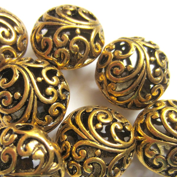 4 Antique gold beads filigree 17mm x 8mm flat round beads metal elegant jewelry finding