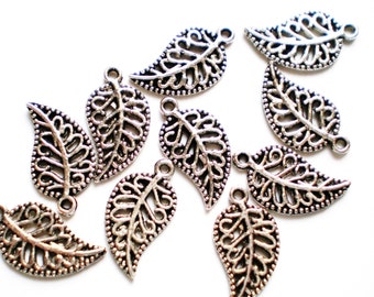 18 Leaf Jewelry Charms Antiqued Silver supplies filigree leaf 18x10mm