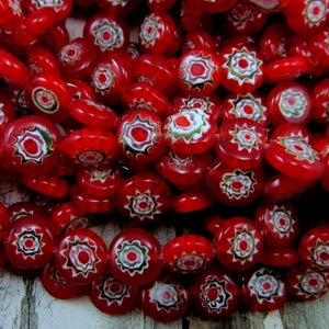 Venetian Millefiori Beads – Red Flat Artisan Glass Beads, Abstract Patterned Lampwork Style, 15-Inch Strand