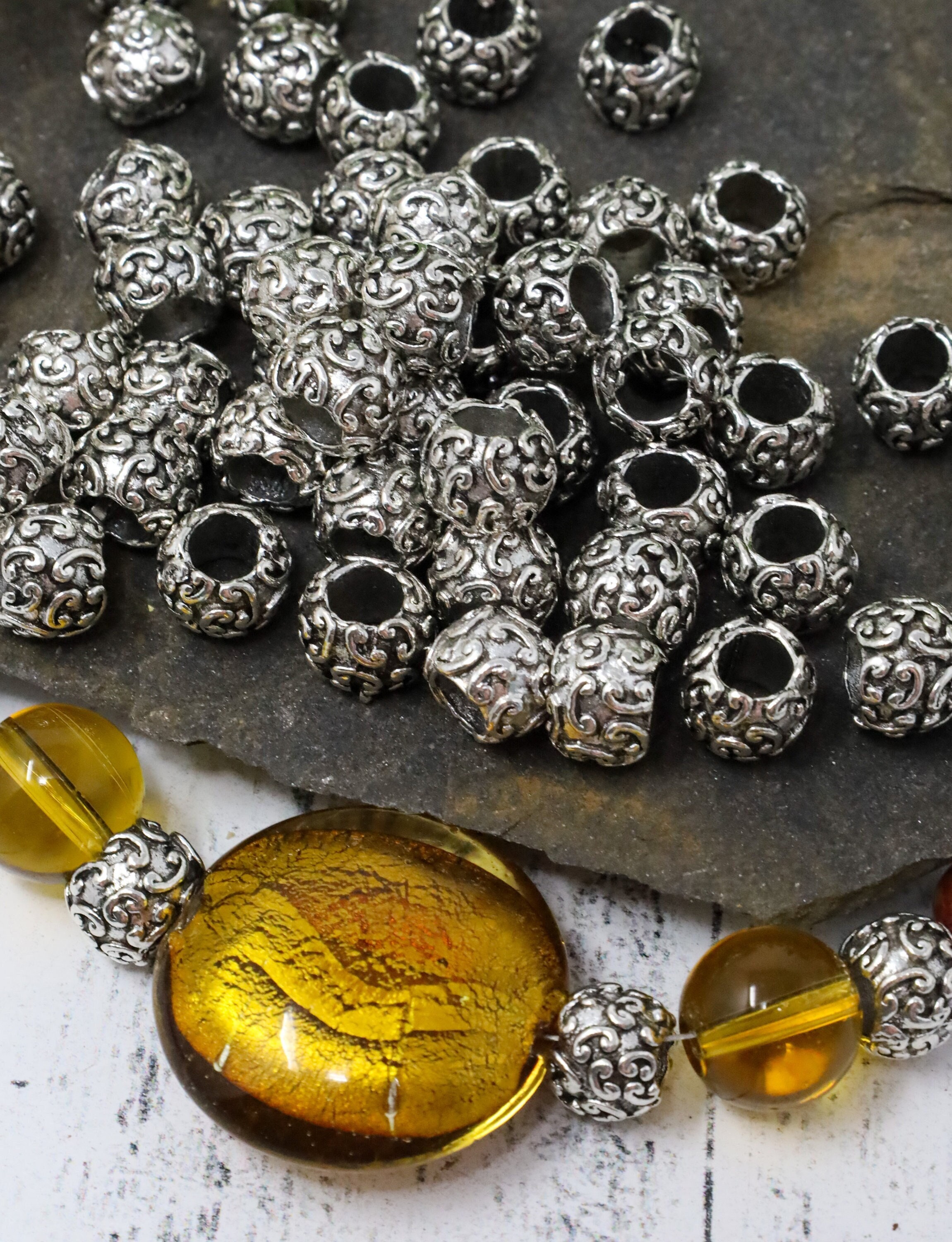 Patterned Large Hole Antique Silver Spacer Beads, Rondelle Beads, Jewelry Findings