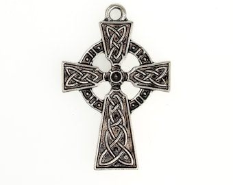 Antique Silver Cross Pendants, 41x27mm Celtic Knot Medieval Style Charms, Qty: 3