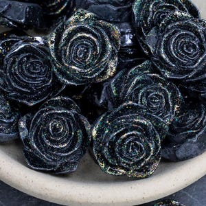 Cabochon roses black resin flowers flat back ring cab. green glitter  goth jewelry supply 12mm x 6mm Qty 6