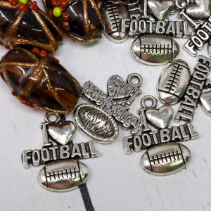Antique Silver I Love Football Charms, Sports Pendants for Jewelry Making, Silver Football Charms, Team Spirit Beading Supplies, 10pcs