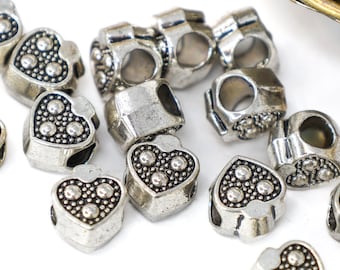 Silver Puffy Heart Beads, Large Hole Metal Beads For European Style Bracelets, No Lead Or Nickel, Jewelry Making Charms, Qty: 10