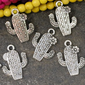 8 Cactus Charms, Cactus Flower pendant beads, Double Sided Silver Tone Charm