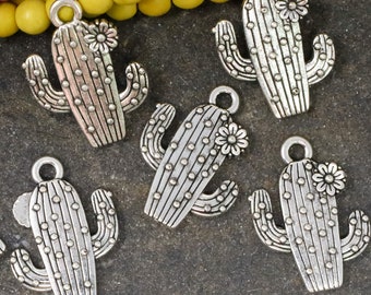 Cactus Charms, Cactus Flower pendant beads, Double Sided Silver Tone Charm Qty 8