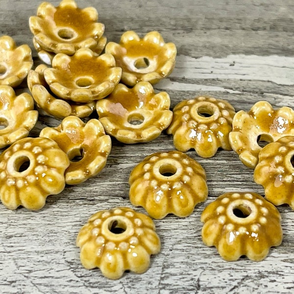 12 Handmade Porcelain Bead Caps, Flower, Multi-Petal, Brown, 11x4mm, Hole: 2mm