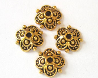 30 Gold Bead caps antiqued metal 10mm x 10mm DIY jewelry supplies