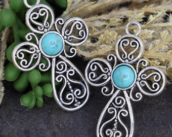 Decorative Antique Silver Cross with Faux Turquoise - Filigree Silver Cross Pendant - Qty 1