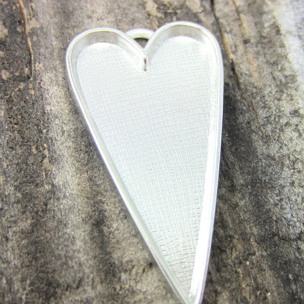 3 Silver heart pendant bezel  resin tray large heart charm silver bezel tray skinny heart finding mosaic blanks 53mm x 30mm