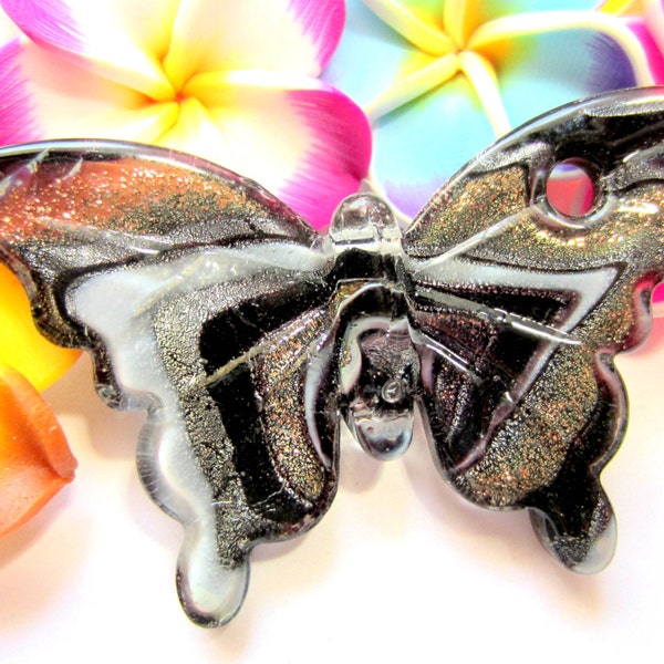 Murano glass butterfly pendant black white dichroic glass lampwork bead 2.25/2.50 inches x 1.5 inch
