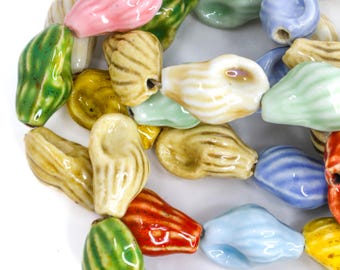 Mixed Color Ceramic Conch Beads, Handmade Ocean Series Shell Charms for Beachy Necklaces or Summer Bracelets, 14” Strand
