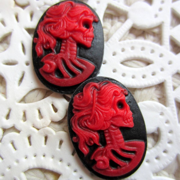 6 Lady skull cameo red black Lolita skull cabochon 18mm 25mm Gothic jewelry making day of the dead