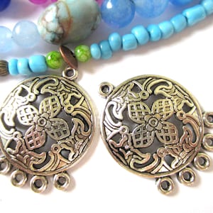 Antique Silver Flat Round Chandelier Links, Tibetan Style Jewelry Components, Boho Earring Necklace Connectors, Qty: 10