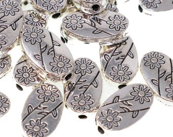 Silver Floral Oval Beads, Tibetan Style Flower Beads, Antique Silver Spacer Beads, Decorative Metal Beads