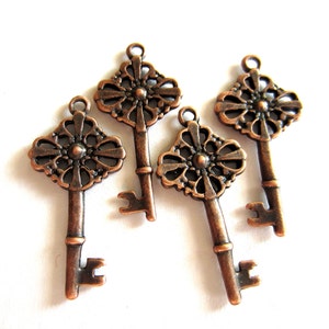 Vintage Copper Key Charms, 40mm Alloy Pendants for Necklaces Bracelets and Mixed Media Jewelry Projects, Antique Style, Qty: 8