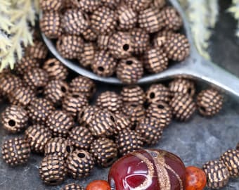 Round Copper Bead with Studded Dots - Qty 24, Copper Metal Beads, Copper Bead Spacers, Metal Jewelry Findings, Red Copper Dotted Beads