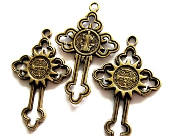 6 Bronze cross pendant charms antiqued metal 24mm 38mm