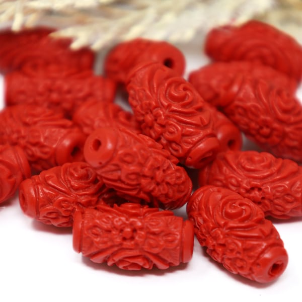 Vibrant Red Carved Cinnabar Barrel Beads, Rose Spacer Beads, Cinnabar Spacer Beads, Qty 18