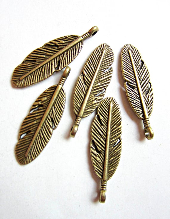 Antique Bronze Feather Charms, 30mm Lightweight Alloy Dangles for Boho Earrings Bracelets and Necklaces, Lead Nickel Free, Qty: 12