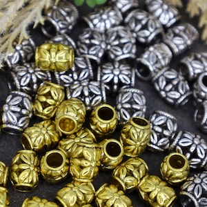 Floral Metal Beads - Large Hole Spacer Beads - Silver or Gold Barrel Beads - Qty 24