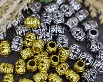 Floral Metal Beads - Large Hole Spacer Beads - Silver or Gold Barrel Beads - Qty 24