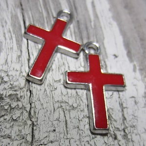 10 silberne Anhänger Kreuz Charms antik Metall rotes Kreuz emaillierte Charms 26 mm x 16 mm