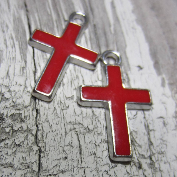 10 Silver pendant cross charms antiqued metal  red cross enameled charms 26mm x 16mm