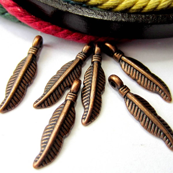 30 Feather charms antique copper tribal pendants cowgirl jewelry 19mm x 4mm boho earring dangles