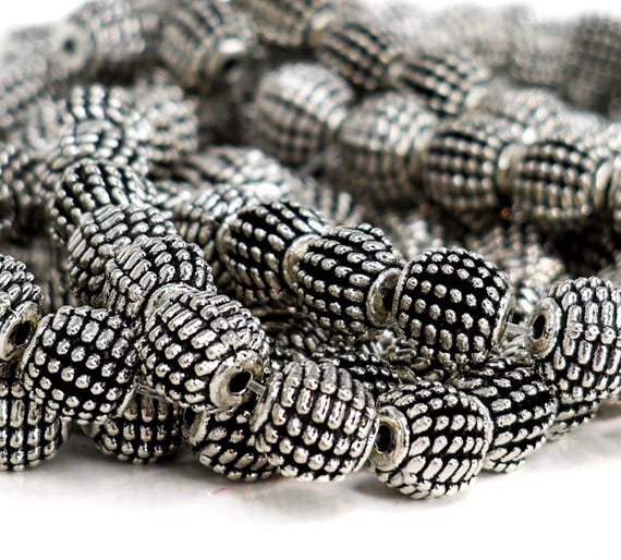 OODECO 【COTTON】BLACK with SILVER BEADS Antique Silver Granulated Round Spacer Beads, Dotted Lattice