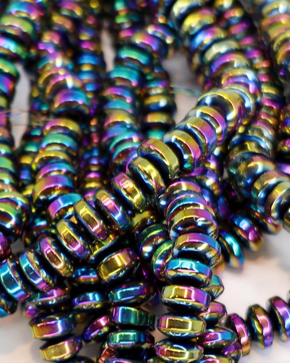 Non-Magnetic Hematite Beads, Multi-Color Plated Disc Beads, Rainbow Metallic Spacer Beads, Polished 6x3mm Hematite Strands, 15.7" Strand