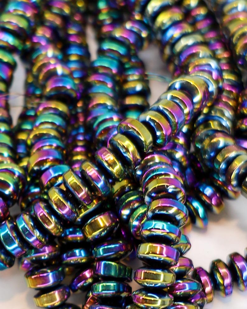 Non-Magnetic Hematite Beads, Multi-Color Plated Disc Beads, Rainbow Metallic Spacer Beads, Polished 6x3mm Hematite Strands, 15.7" Strand image 1