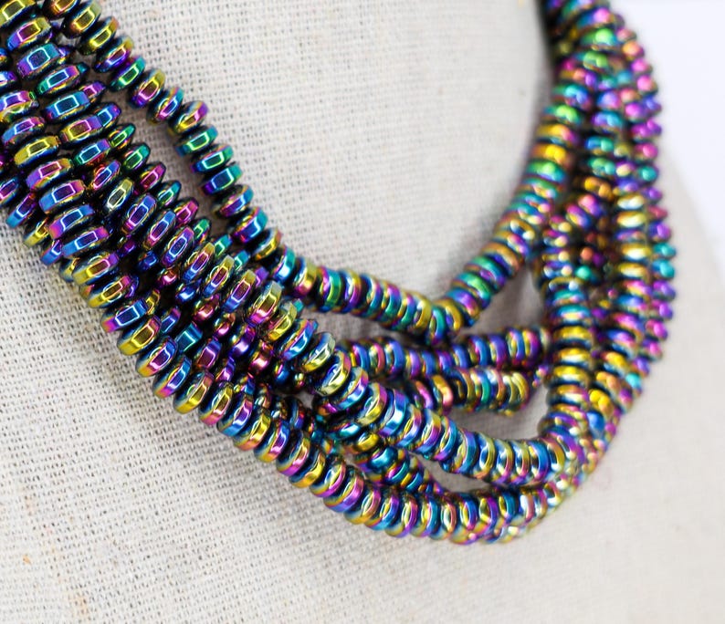 Non-Magnetic Hematite Beads, Multi-Color Plated Disc Beads, Rainbow Metallic Spacer Beads, Polished 6x3mm Hematite Strands, 15.7" Strand image 2