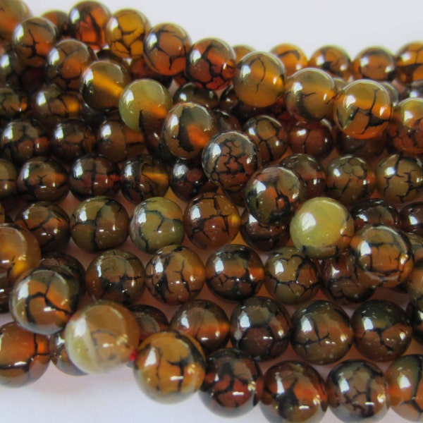 Olive Green Dragon Vein Agate Beads - 1 Strand, 6mm Gemstone Beads, Natural Stone Beads in Olive and Brown, Agate Spacer Beads