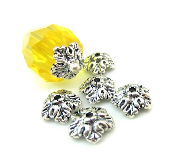 Silver bead caps  silver five petal flower bead caps 10mm x 4mm fits 10-12mm beads