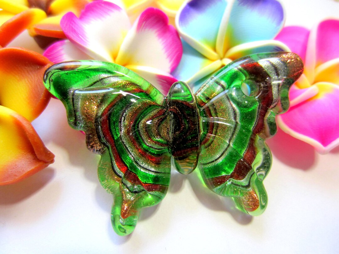 Green Glass Butterfly Pendant Dichroic Glass Lamp Work Bead 2.125