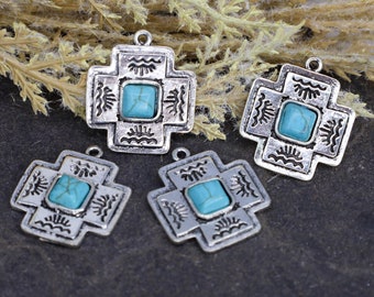 Concho Style Silver Cross Pendant with Faux Turquoise Stone - Southwestern Silver Jewelry Charm - Silver Cross - Qty 6