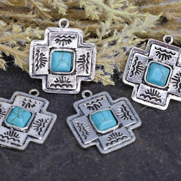 Concho Style Silver Cross Pendant with Faux Turquoise Stone - Southwestern Silver Jewelry Charm - Silver Cross