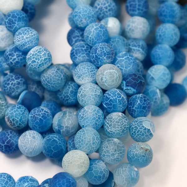 Deep Sky Blue Frosted Crackle Agate Beads, Natural Stone Spacer Beads, 8mm Agate Beads, Round Spacer Beads, 1 Strand