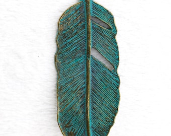 Verdigris Feather Pendant, Patina Feather Charm, Antique Bronze Feather, Boho Pendant, Nature Jewelry Supply