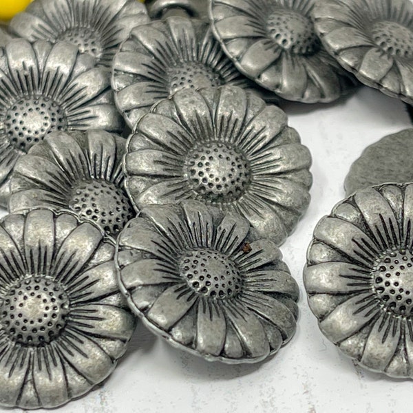 6 Antique Silver Floral Daisy Shank Buttons, Wrap Bracelet Clasp