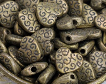 Bronze Metal Heart Spacer Beads, Small Jewelry Making Beads, Antique Style Metal Findings, Qty: 12